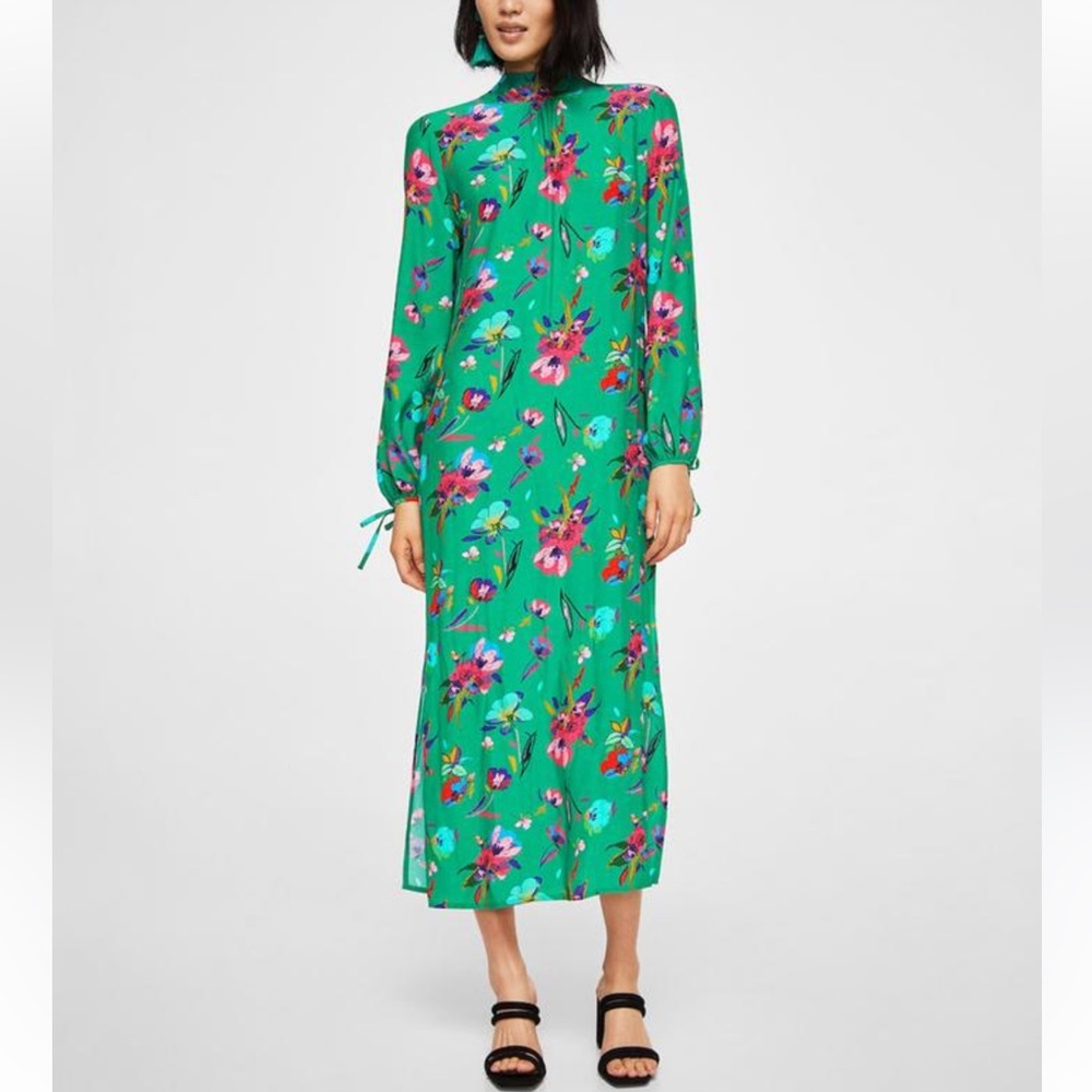MNG MANGO Bow Floral Printed Maxi Dress Long Sleeve High Neck Women's Size XS